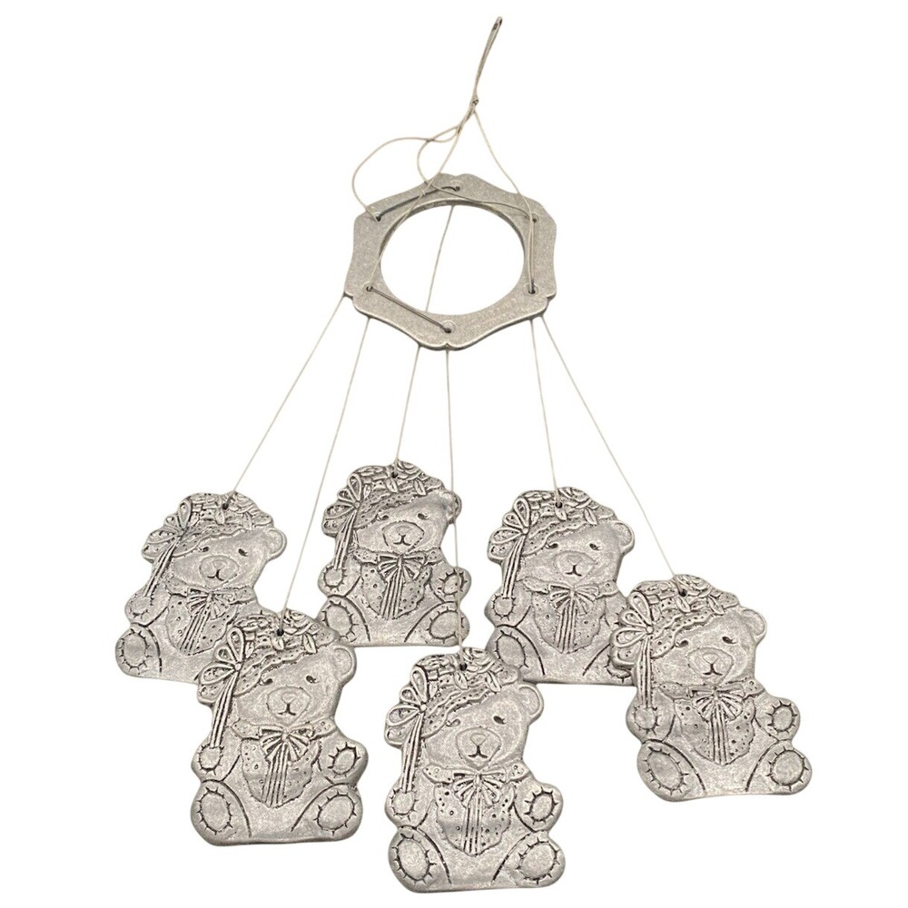 Vintage Pewter Carson Freeport Metal Silver Wind Chimes Teddy Bears 1990s